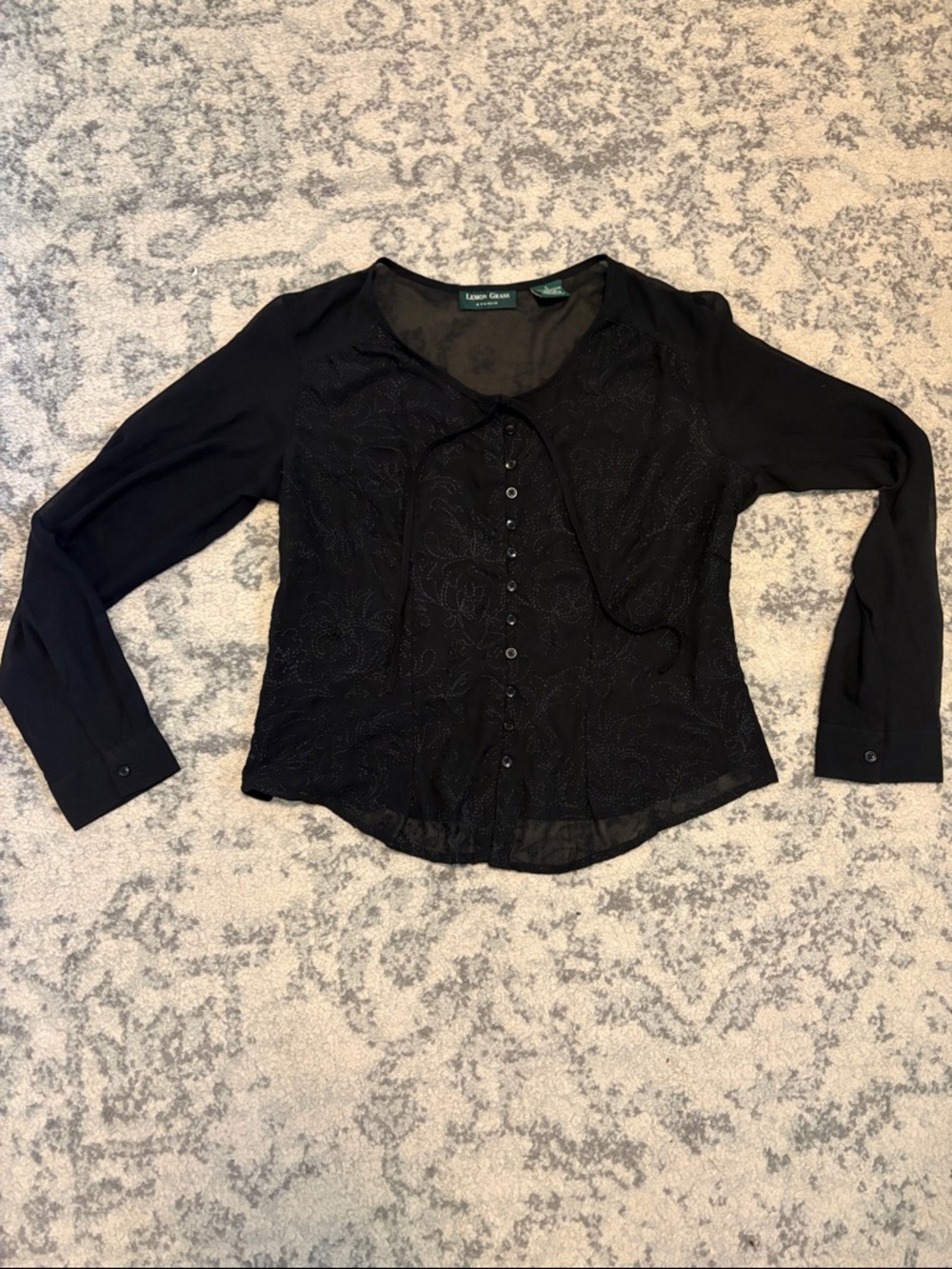 Vintage Lemon Grass Black Sheer Button-Up Blouse with Embroidered Floral Pattern